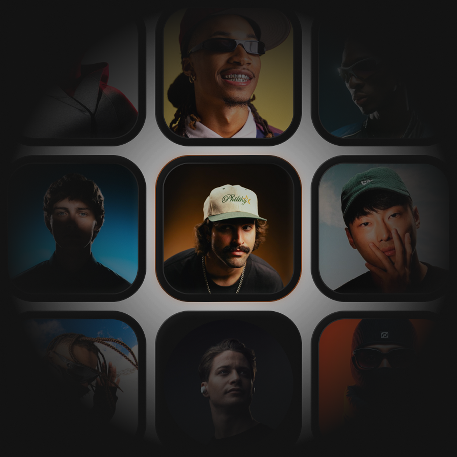 3×3 grid of author portraits with the centre one highlighted