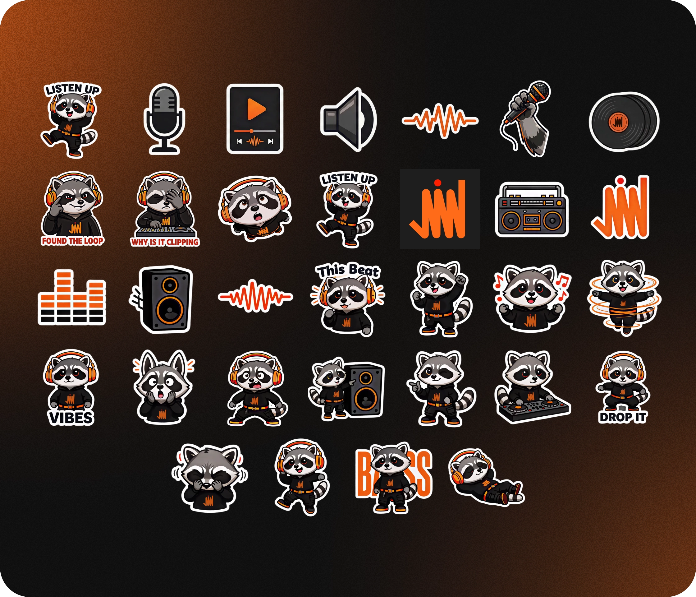 JGGL raccoon mascot sticker pack with music-themed expressions