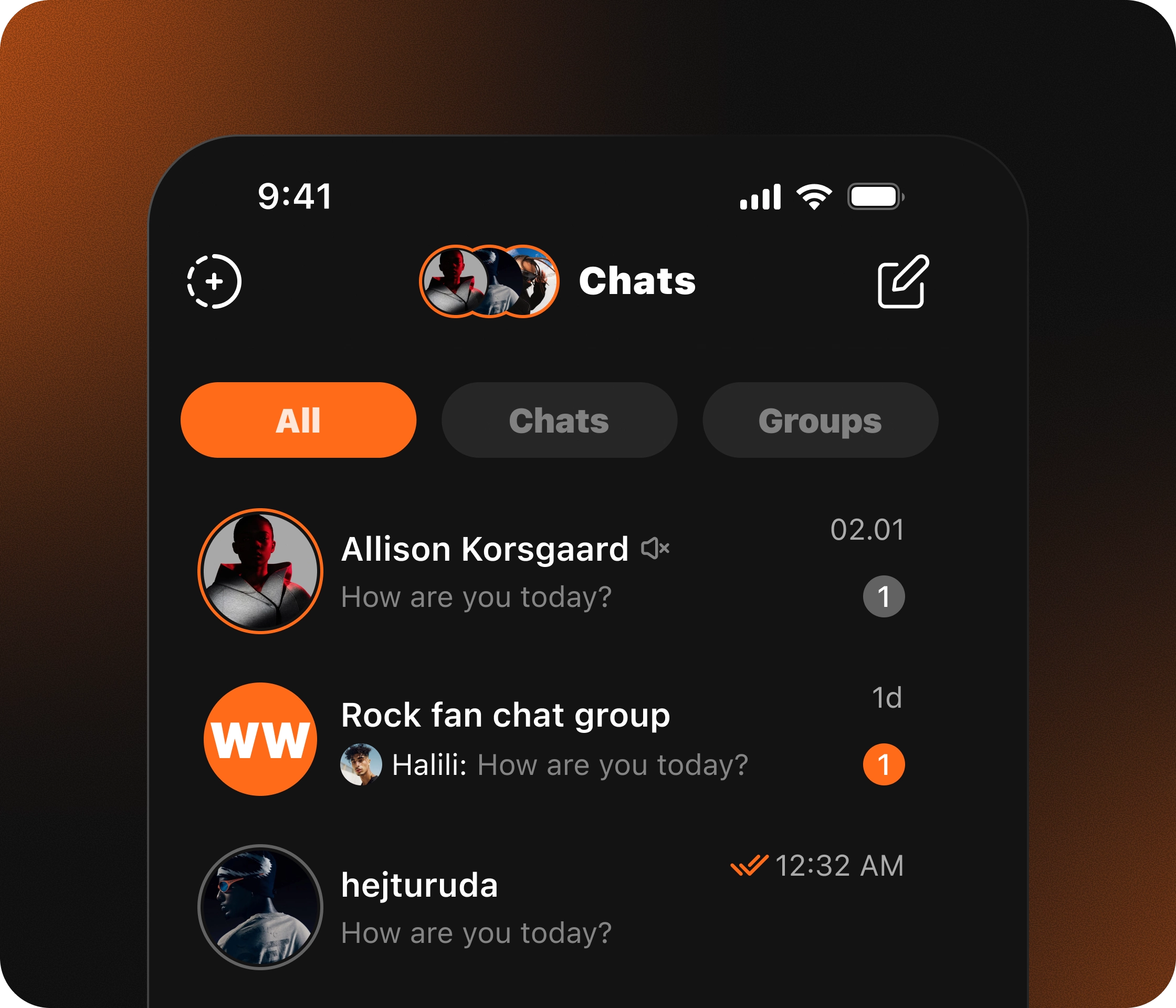 JGGL messenger chats list with avatars and unread badges