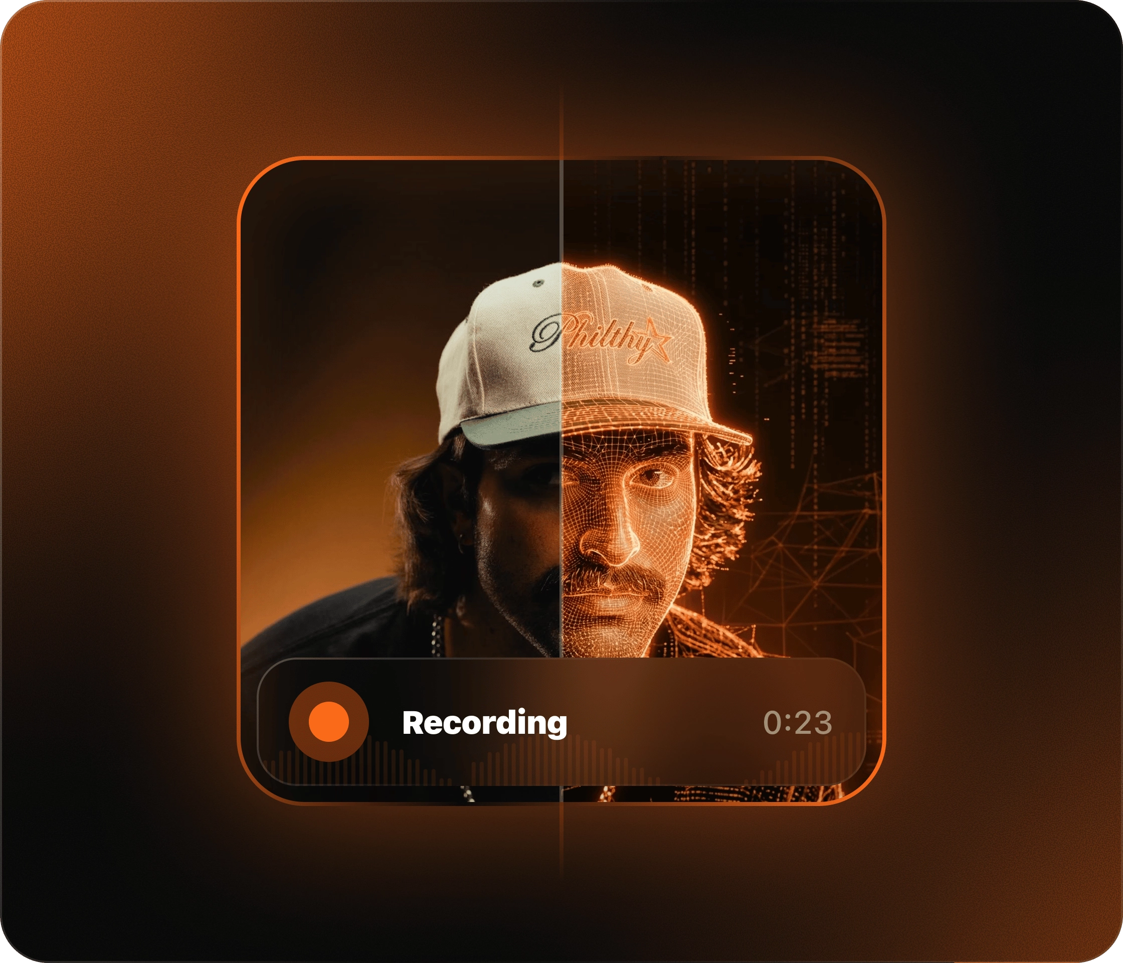 Author portrait split — real photo on the left, an orange wireframe of the cloned voice identity on the right, with a recording bar