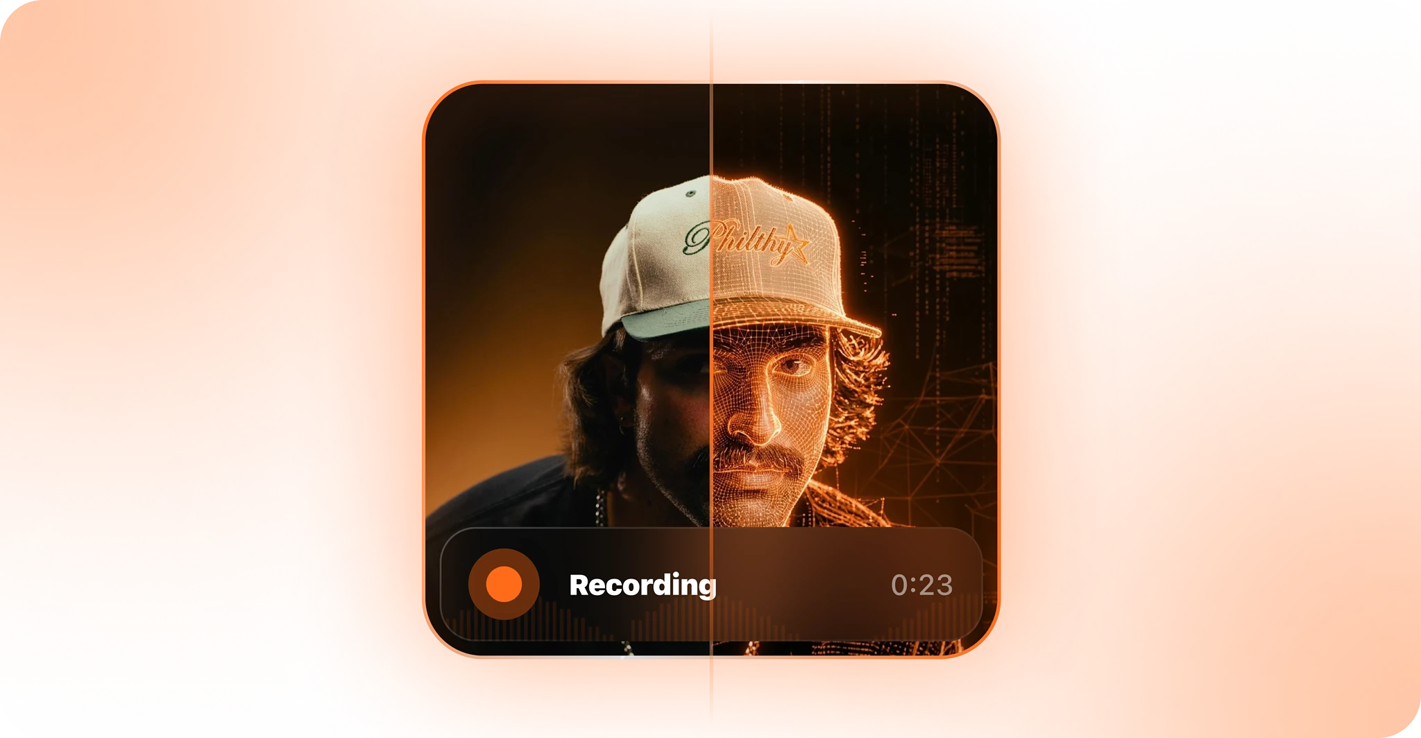 Split portrait — half real, half orange wireframe — with a Recording status bar showing 0:23