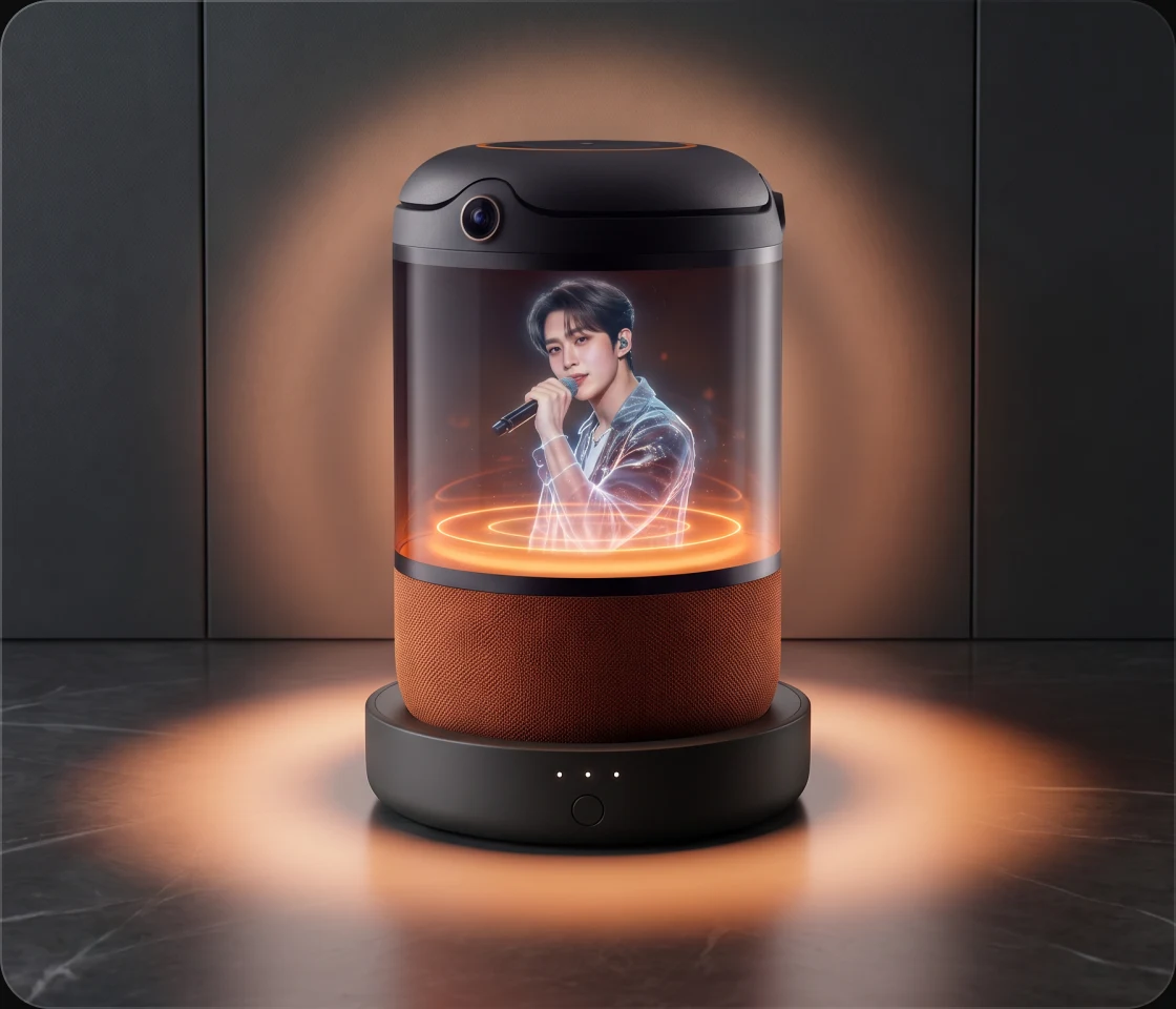 Holographic singer with a microphone projected inside the glass dome, warm orange glow around the base