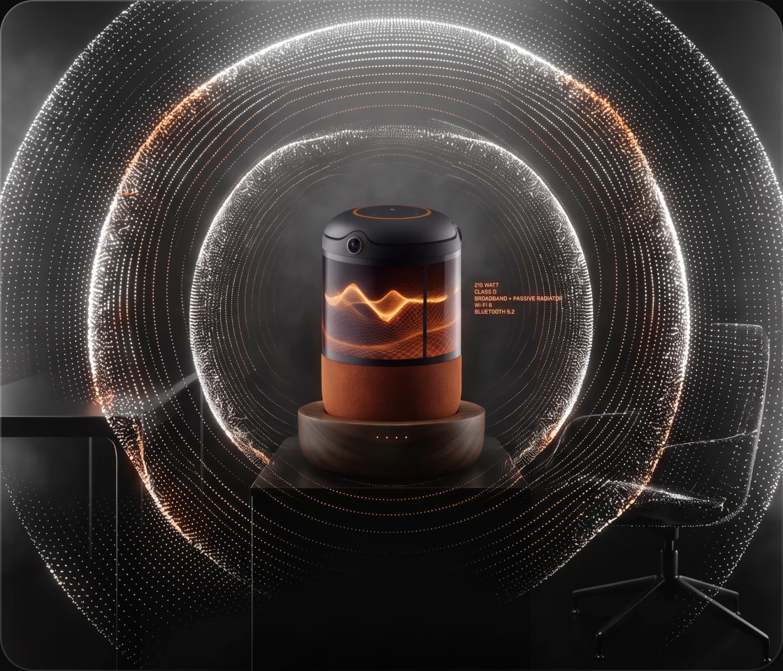 Buddy inside concentric dotted soundwave rings with an orange specs callout