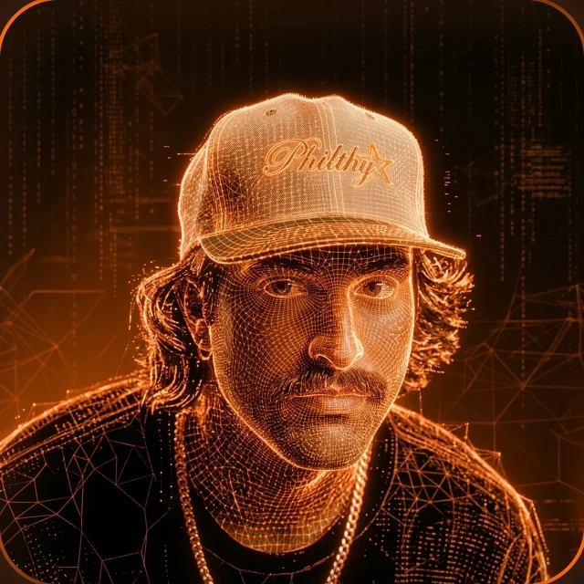 Orange wireframe holographic portrait of a man in a Philthy cap — Buddy's digital memory of the owner