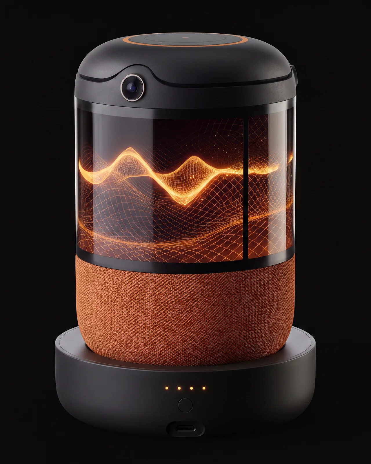 JGGL Buddy on its charging base — glowing orange soundwave inside the 360° dome, fabric speaker body and status LEDs