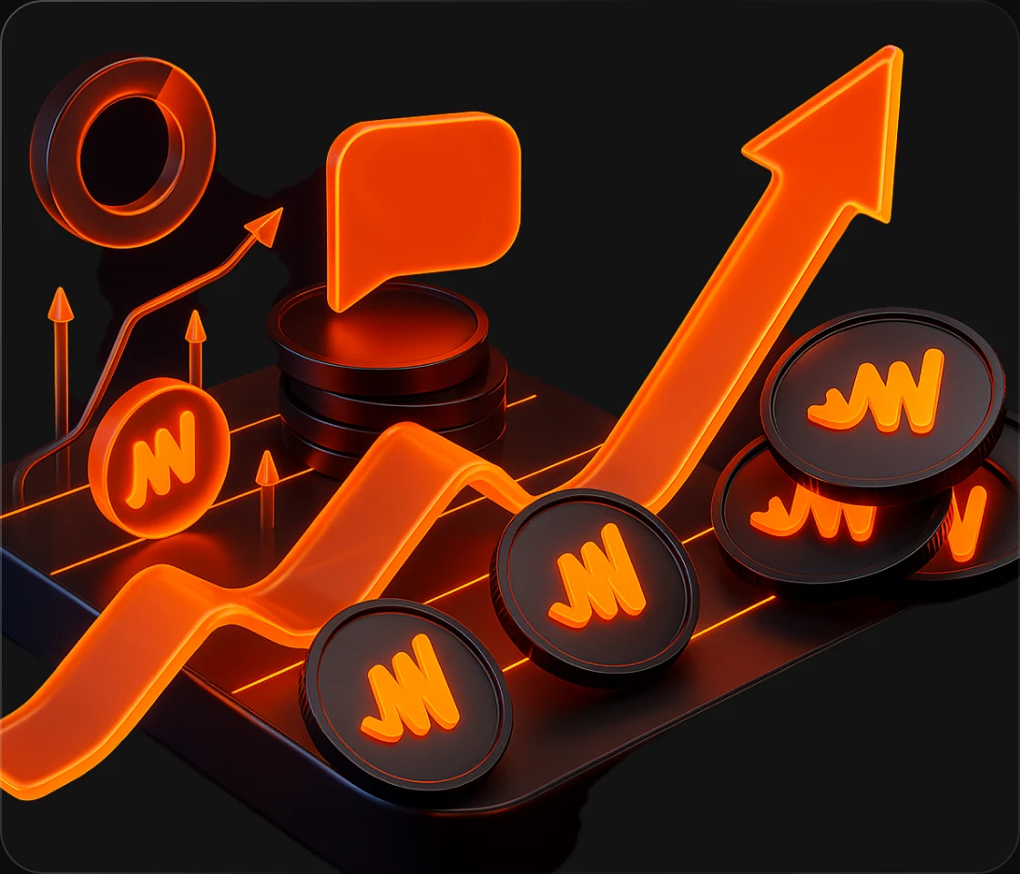 Stack of JGGL-mark coins on a glowing orange chart with a rising arrow and speech bubble — 5+ revenue streams