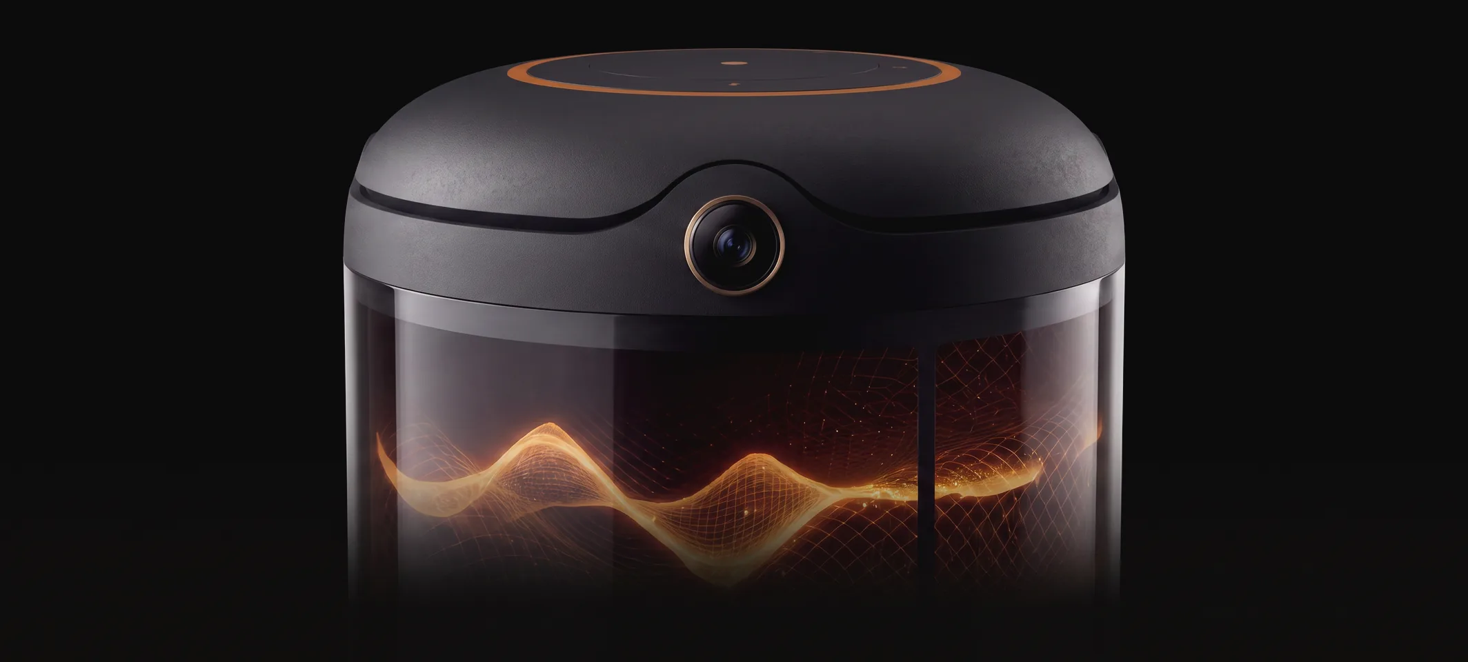 Top of the JGGL Buddy dome — camera lens and a glowing orange soundwave behind the glass
