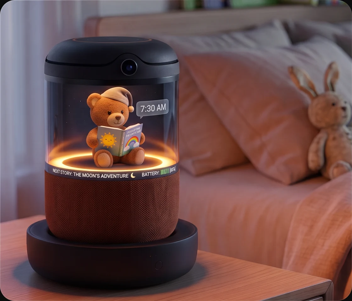 Plush teddy bear inside Buddy's dome reading Story Time: The Happy Sun with Next Story and battery ticker in a kid's bedroom