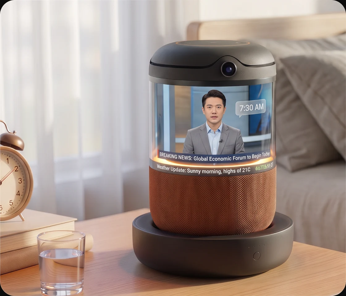 Buddy on a bedside table at 7:30 AM projecting a holographic news anchor with breaking news and weather ticker