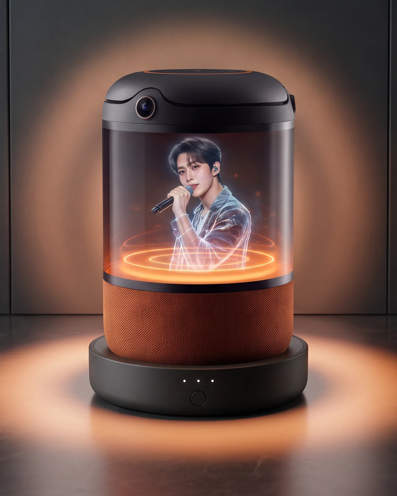 JGGL Buddy with a holographic singer performing inside the 360° dome, glowing orange on a dark floor