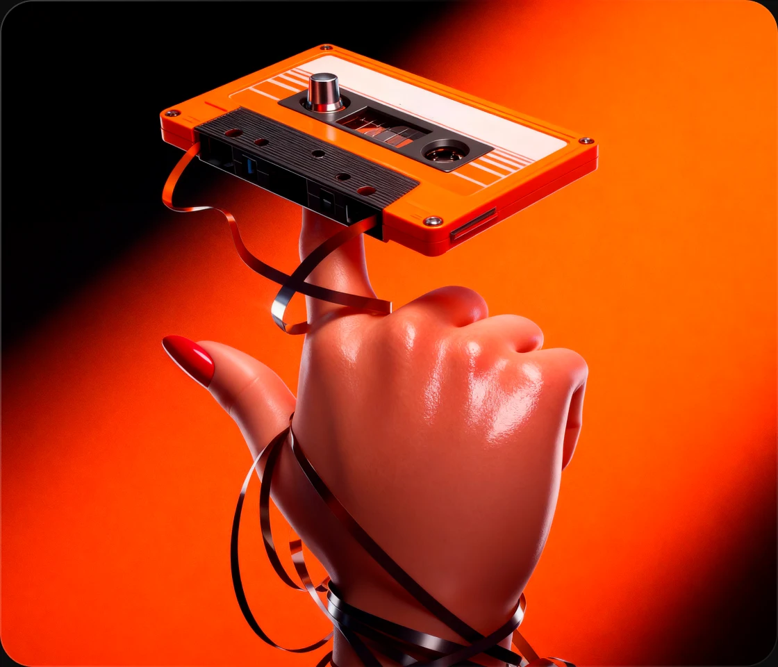 Hand balancing an orange cassette tape, unspooled tape wrapping the wrist against an orange backdrop