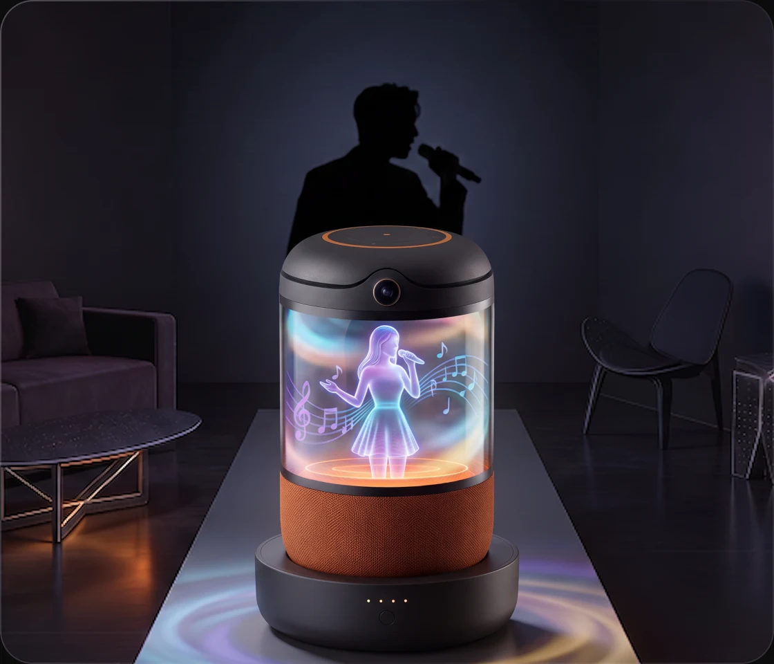 Buddy projecting a holographic singer girl with music notes while a silhouette of the user sings along behind